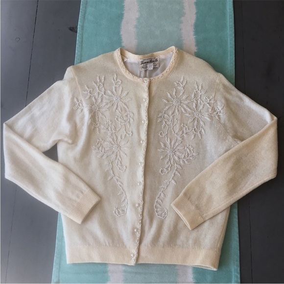 Vintage Sweaters - Vintage Beaded Angora Lambswool Cardigan Pearl Button Floral Knit
